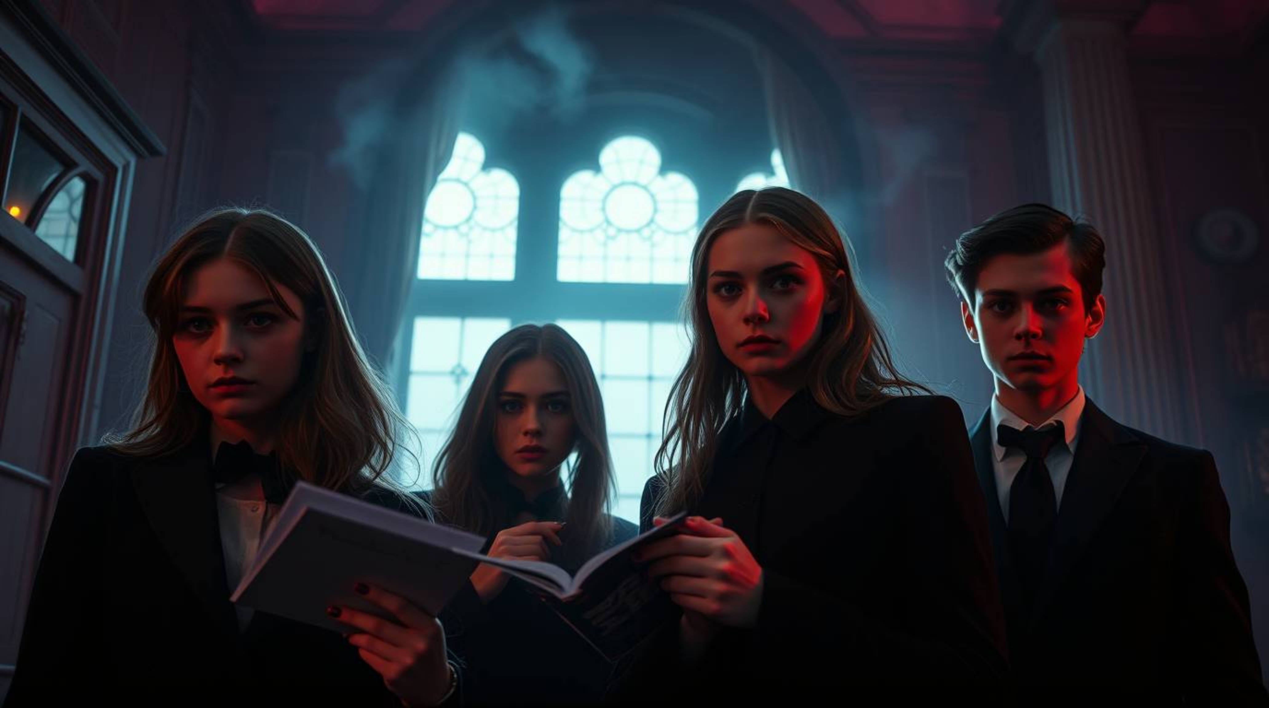 A group of apprehensive teens unravels a chilling mystery within a haunted mansion.  The film features a soft cinematic haze,
