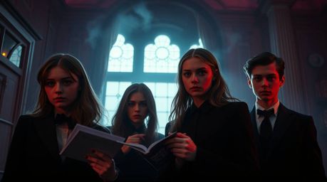 A group of apprehensive teens unravels a chilling mystery within a haunted mansion.  The film features a soft cinematic haze,