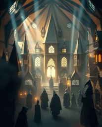 Discover a captivating magical school brimming with young wizards, rendered in a stunning origami style.  Experience intricat