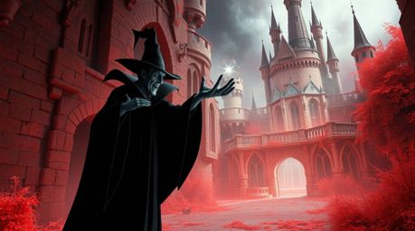 A classic Disney villain casts a spell within the eerie confines of an ancient castle.  This surreal image, rendered in infra