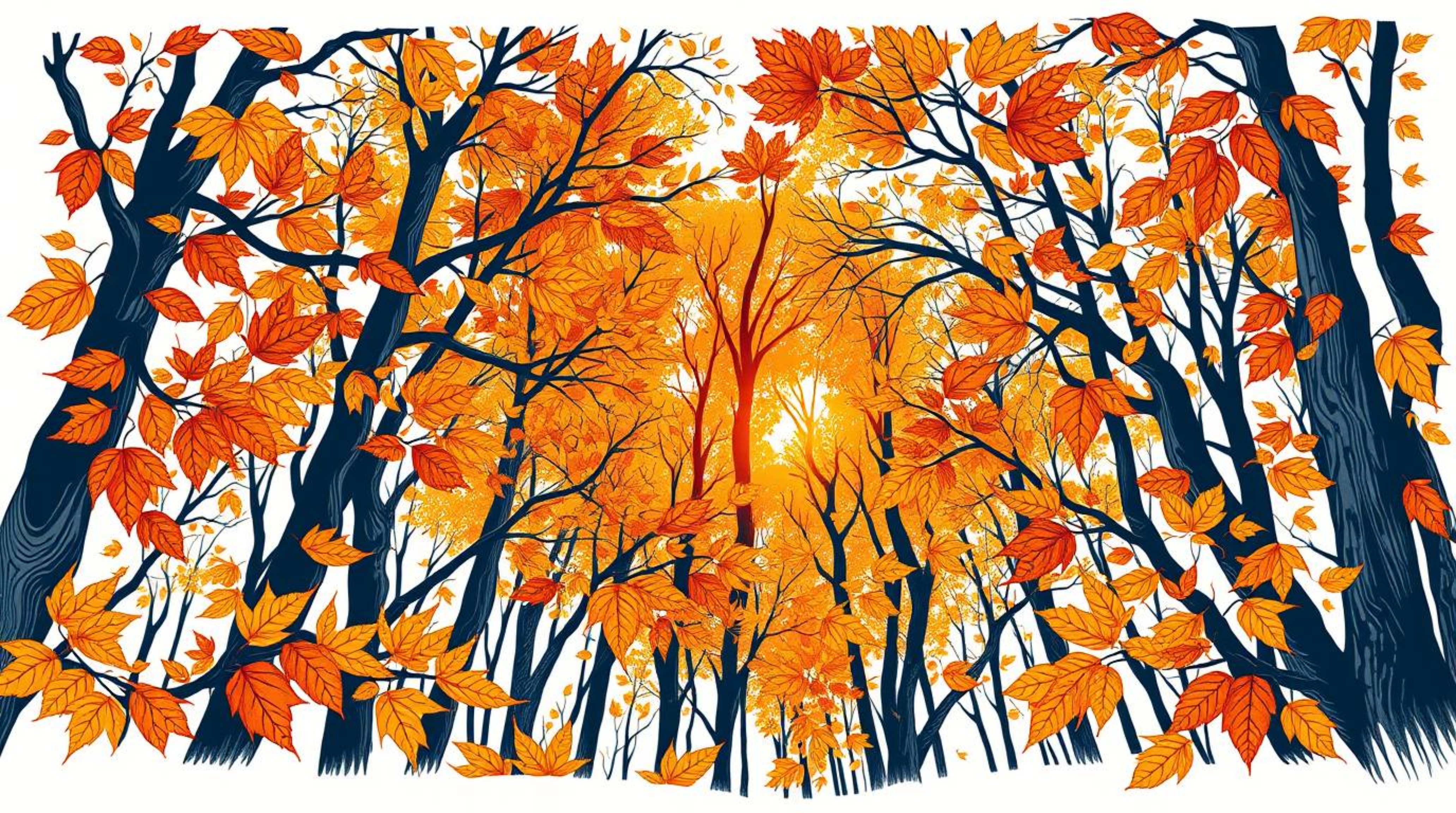 A stunning high-angle view of a traditional tattoo art print depicting an autumn forest bathed in the soft light of a sunset.