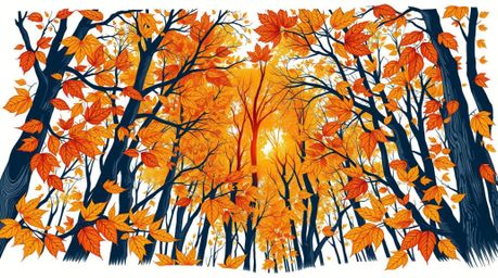 A stunning high-angle view of a traditional tattoo art print depicting an autumn forest bathed in the soft light of a sunset.