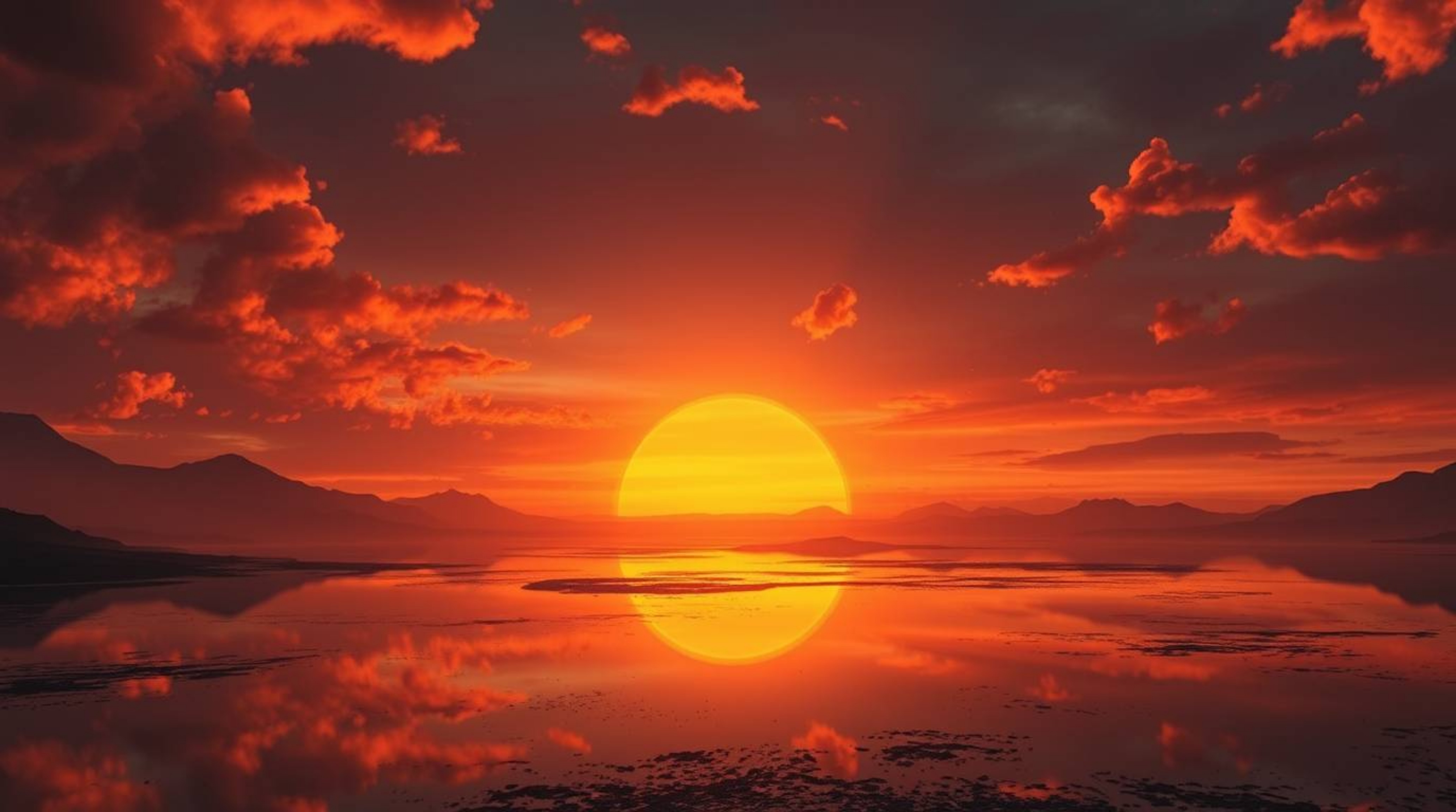 A breathtaking futuristic sci-fi scene unfolds: a serene lake mirrors a vibrant sunset, enhanced by dramatic lighting, lens f