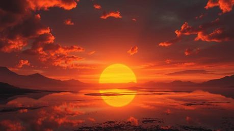 A breathtaking futuristic sci-fi scene unfolds: a serene lake mirrors a vibrant sunset, enhanced by dramatic lighting, lens f