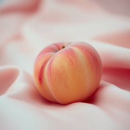 This high-resolution, low-angle perspective close-up ASMR image features a soft blushing pink peach resting on silky pastel p