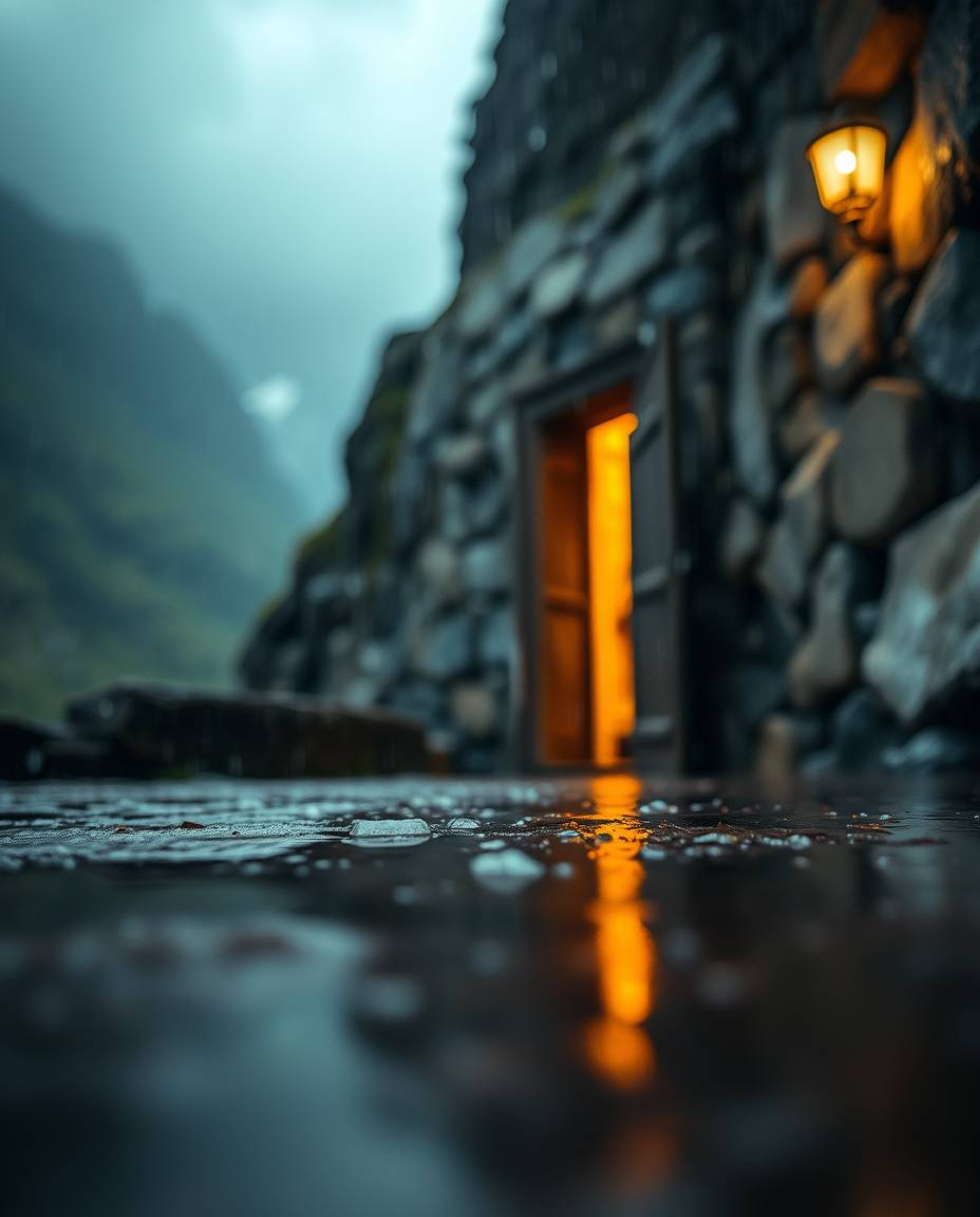 Immerse yourself in a wet and rainy scene featuring a blurred bokeh effect that draws your attention to an ancient doorway et