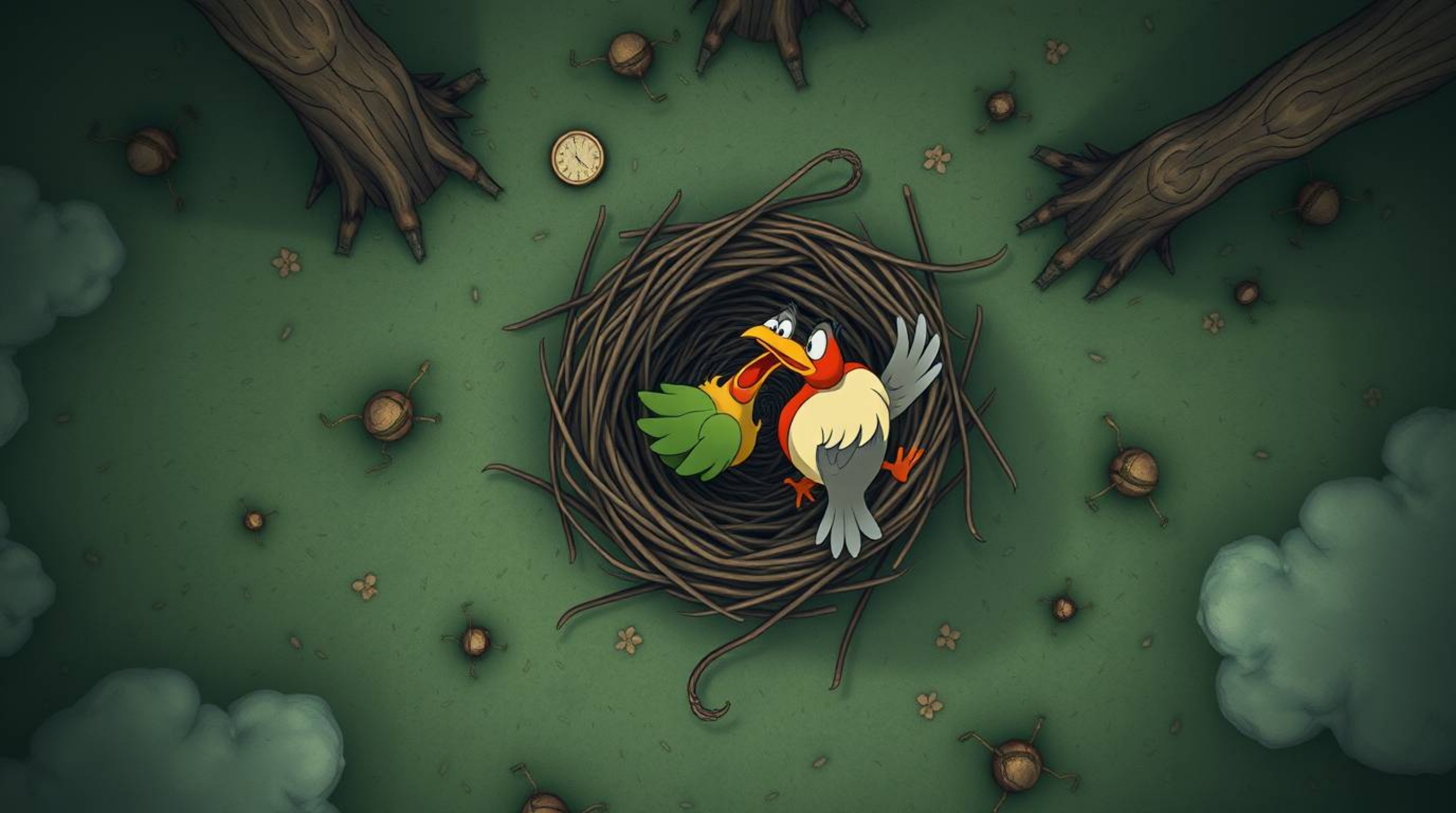 A whimsical overhead shot depicts two cartoon birds constructing a nest in a classic animation style.  The scene is infused w