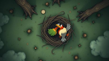 A whimsical overhead shot depicts two cartoon birds constructing a nest in a classic animation style. The scene is infused w