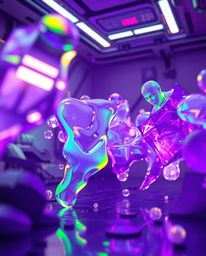 This mesmerizing 3D render showcases dynamic, surreal shapes resembling melted glass in constant motion within a futuristic s