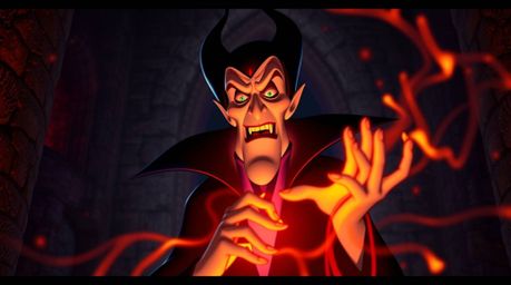 An old stone castle is the backdrop for a classic Disney villain with sharp features and pale skin, casting a potent spell. T