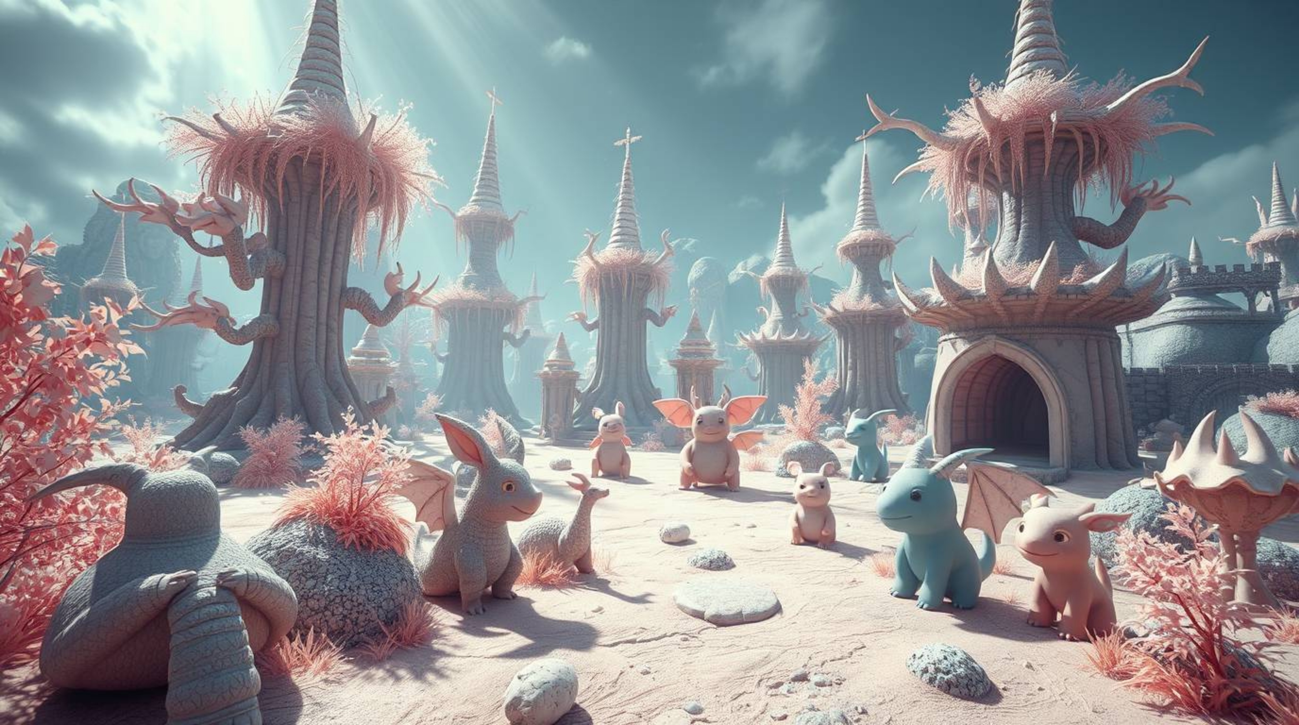 Explore a surreal fantasy kingdom inhabited by quirky magical creatures, bathed in soft, gentle light with striking infrared 