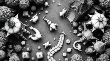Immerse yourself in a classic black and white overhead bird’s-eye view of a fantastical kingdom, showcasing a world brimming 