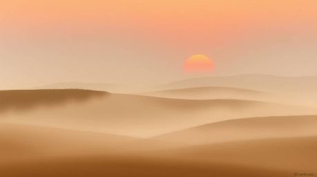 A captivating landscape painting depicts fog-covered hills bathed in the warm glow of a setting sun.  The artwork utilizes a 