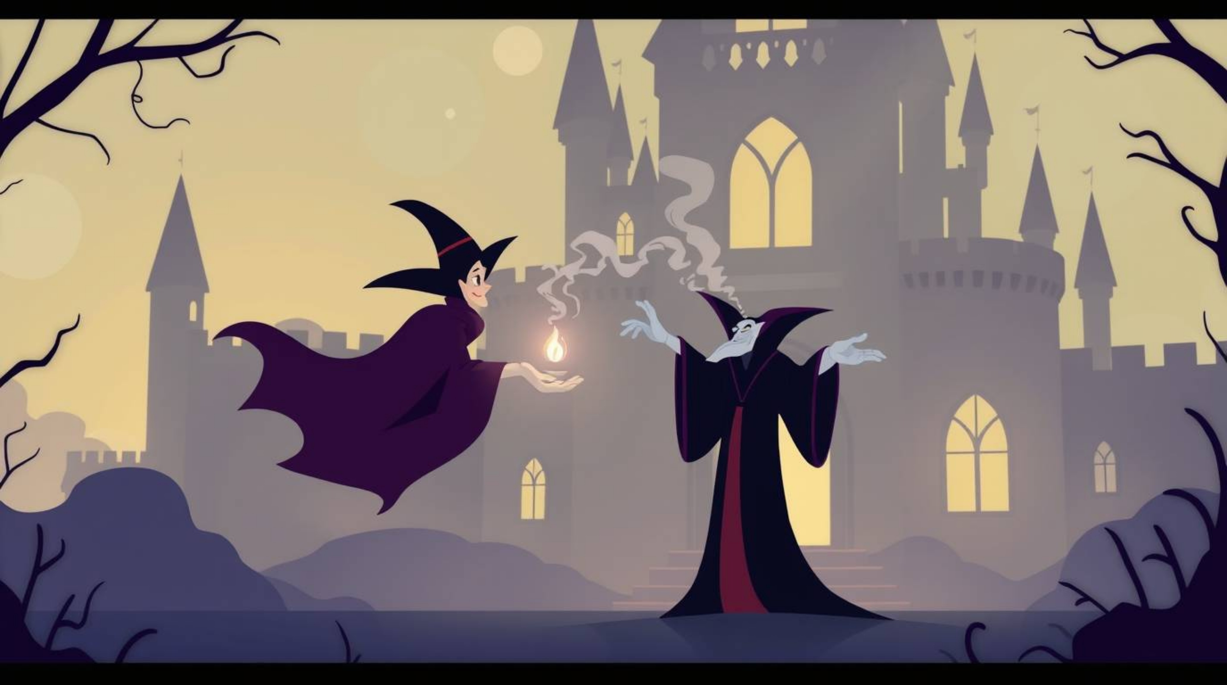 This illustration features a modern flat design of a classic Disney villain conjuring a spell within the hazy, soft-lit confi