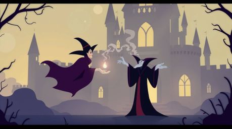 This illustration features a modern flat design of a classic Disney villain conjuring a spell within the hazy, soft-lit confi