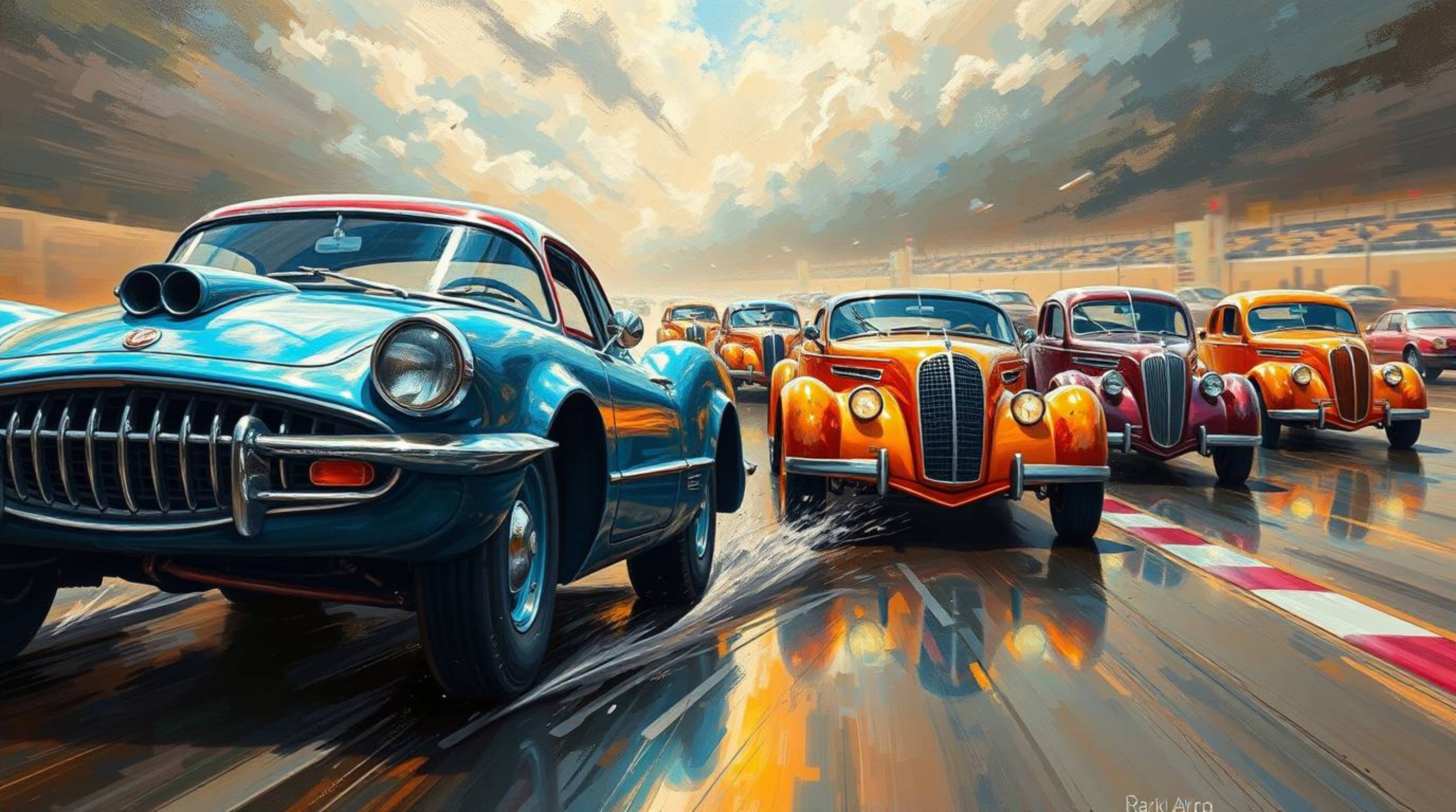 Experience a vibrant and whimsical racing scene depicted in the style of a classic oil painting.  Outlandish cars zoom across