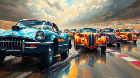 Experience a vibrant and whimsical racing scene depicted in the style of a classic oil painting.  Outlandish cars zoom across