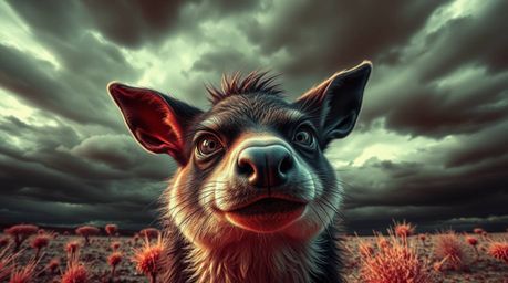 This artwork presents a surreal depiction of a sarcastic animal sidekick, brought to life with intensely expressive eyes and 