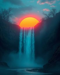 A rich deep teal sunset behind a dramatic waterfall, rendered in a luxurious and vibrant style. This scene features gentle co
