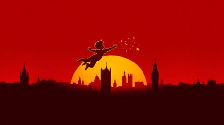 A vibrant and imaginative logo design featuring a young boy soaring above London, propelled by pixie dust.  The artwork utili