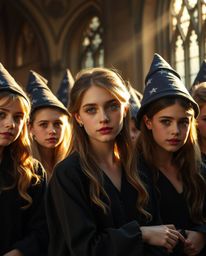 Discover a captivating image of a magical school brimming with young wizards, bathed in the warm, enchanting glow of golden h