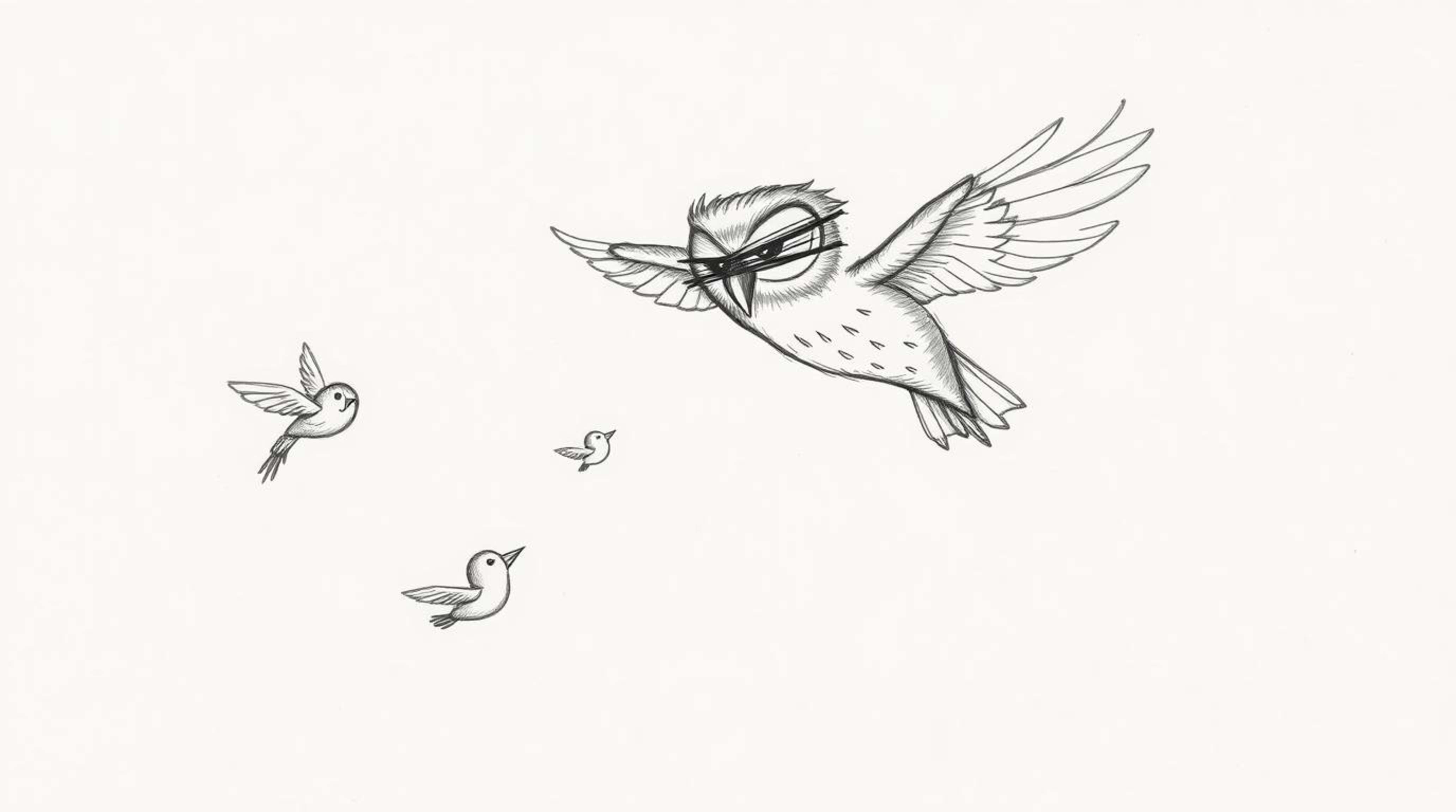 A heartwarming hand-drawn sketch in the style of Pixar depicts a blind owl, with expressive eyes and soft feathers, patiently