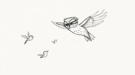 A heartwarming hand-drawn sketch in the style of Pixar depicts a blind owl, with expressive eyes and soft feathers, patiently