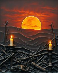 A captivating image depicts a sunrise over a war-torn landscape, meticulously crafted in cast bronze.  The warm glow of candl