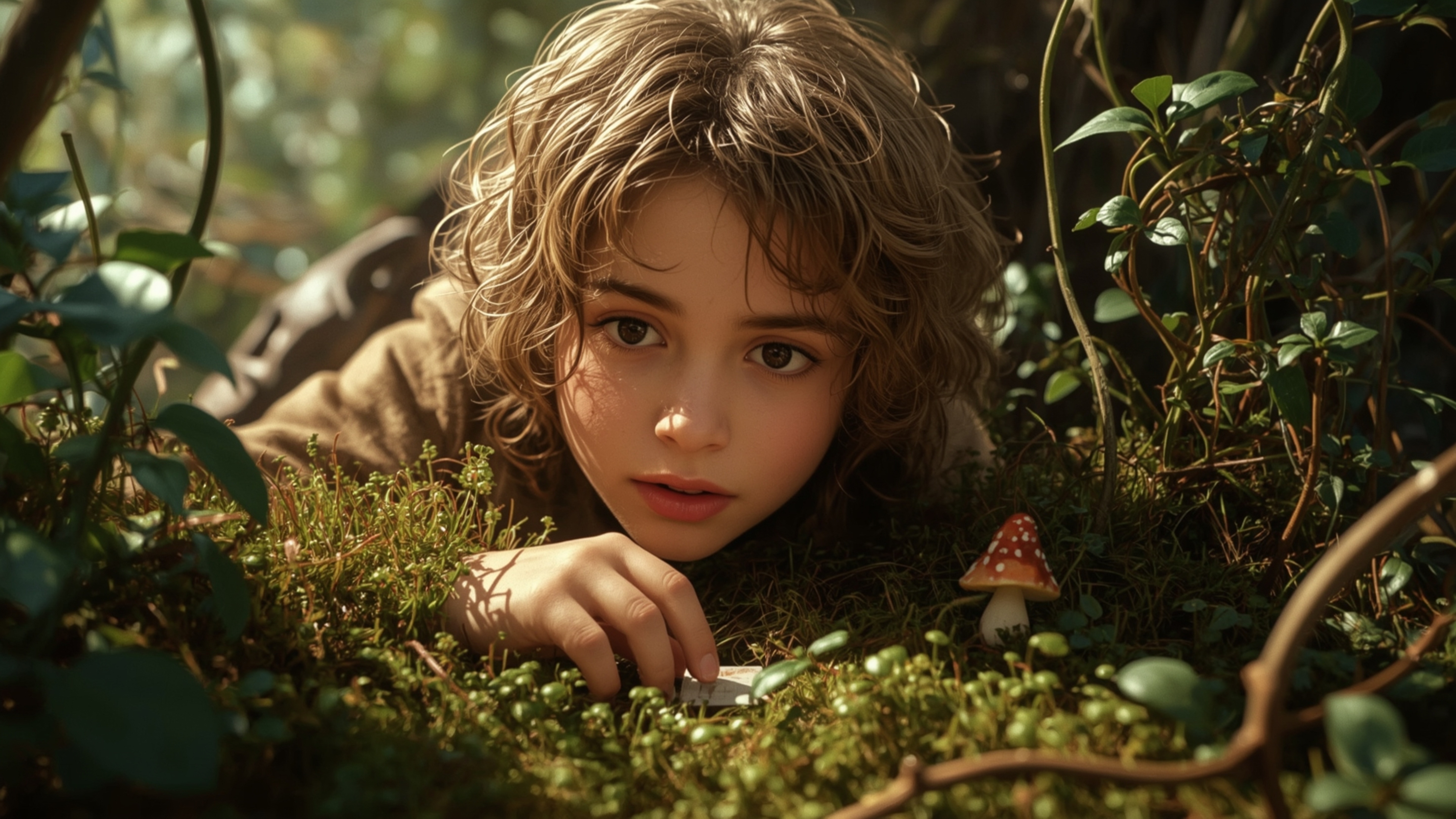 In a vibrant, cinematic photograph with a nostalgic, film-like grain, a bright-eyed, homeschooled genius with curly, honey-bl