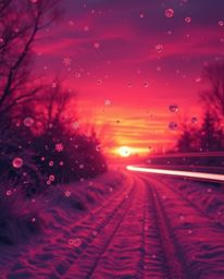 A surreal long-exposure infrared photograph captures snowflakes falling during a vibrant sunset. This image is characterized 