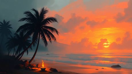 Experience a vibrant tropical beach sunset captured in a dynamic digital sketch with loose painterly strokes. Complementary e