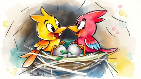 This dynamic watercolor painting captures two cartoon birds in a classic animation style as they diligently build a nest. Ren