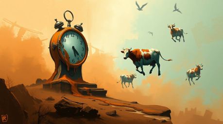 Explore a captivating digital sketch featuring a surreal dreamscape with melting clocks and floating cows. This artwork blend