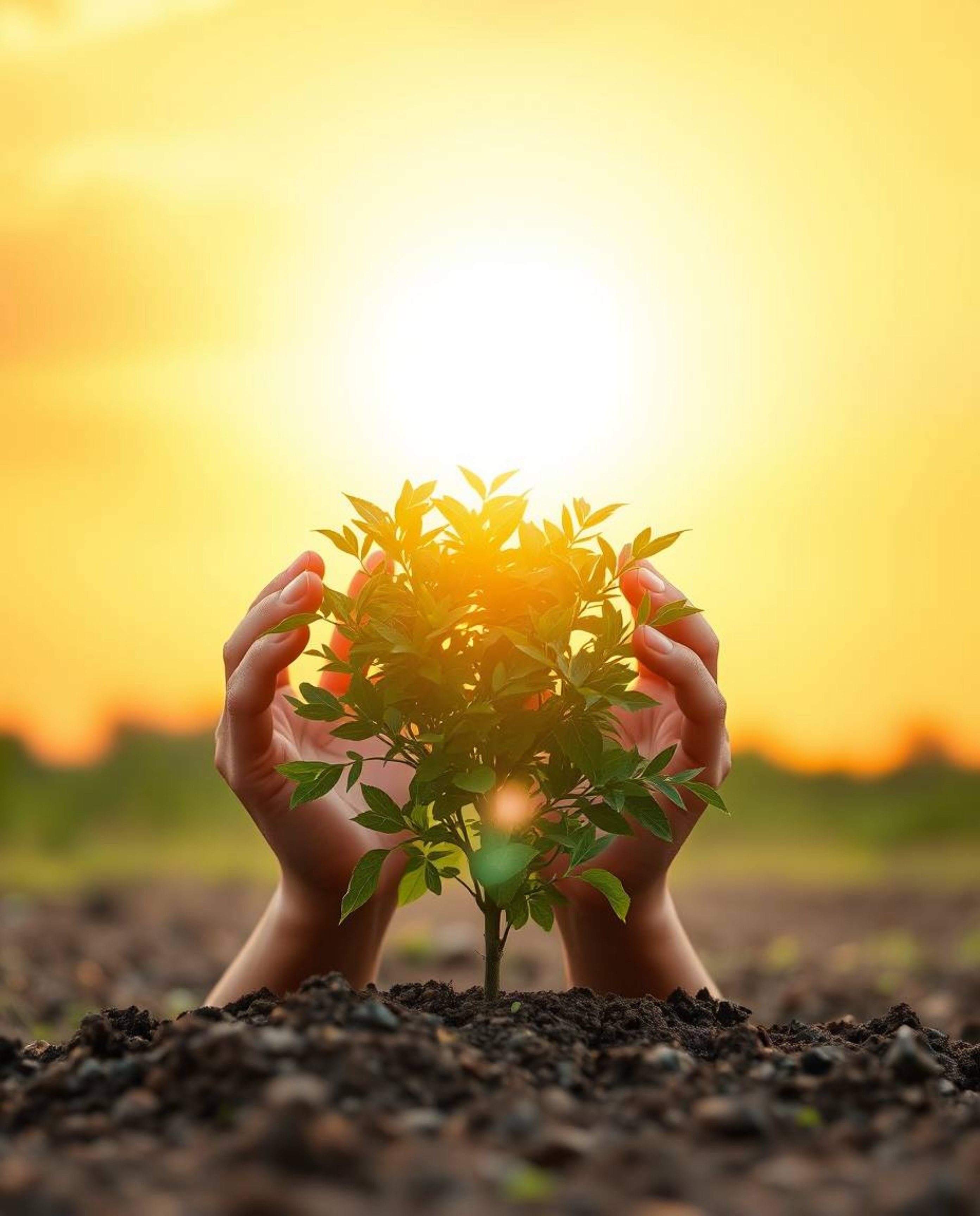 High-resolution stock photo showcasing the beauty of hands planting a tree under a vibrant golden sky. Featuring bright, satu