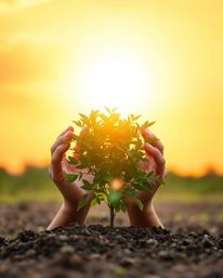 High-resolution stock photo showcasing the beauty of hands planting a tree under a vibrant golden sky. Featuring bright, satu