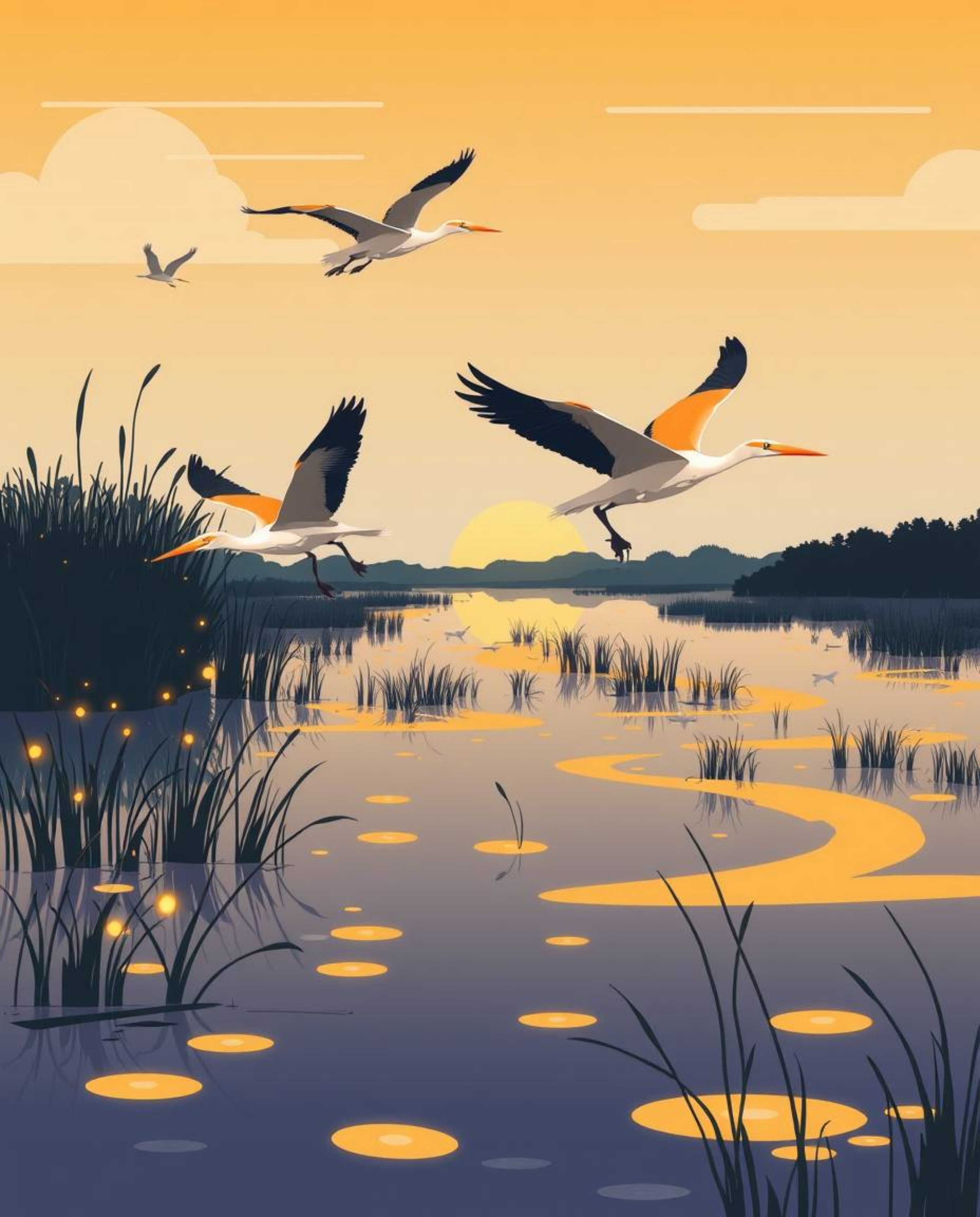 A modern flat design illustration of a golden hour wetlands scene with herons in flight, brought to life with glowing biolumi