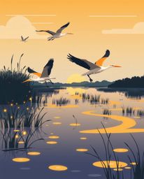 A modern flat design illustration of a golden hour wetlands scene with herons in flight, brought to life with glowing biolumi