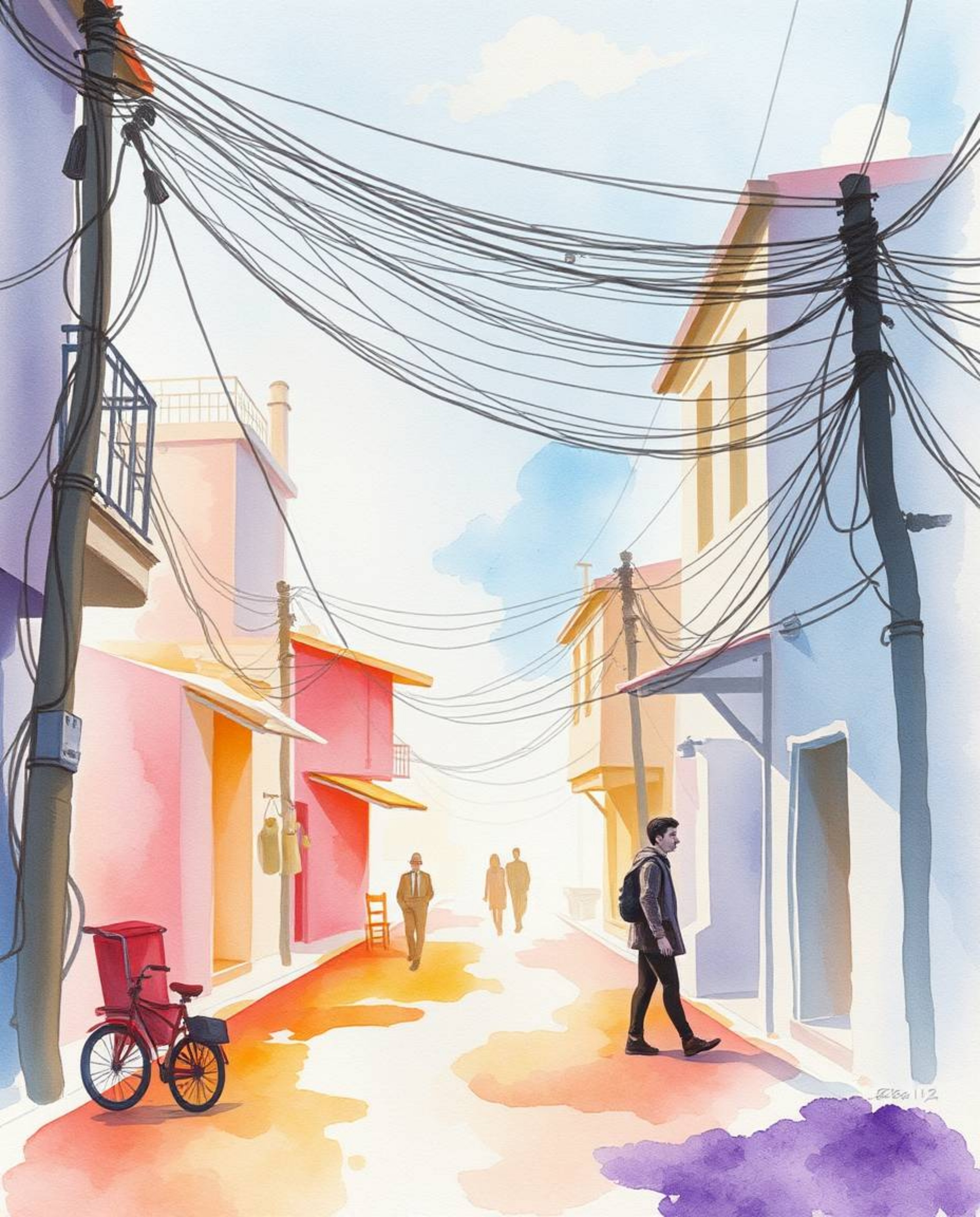 Discover a captivating surreal watercolor painting depicting a street scene where buildings fold and twist in a mesmerizing d
