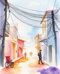 Discover a captivating surreal watercolor painting depicting a street scene where buildings fold and twist in a mesmerizing d