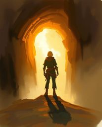 This digital sketch captures a person standing at the edge of a tunnel, gazing towards the warm, golden hour light. Loose, pa