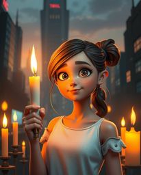 A young inventor girl bathed in the warm glow of candlelight stands gracefully against a breathtaking backdrop of a futuristi