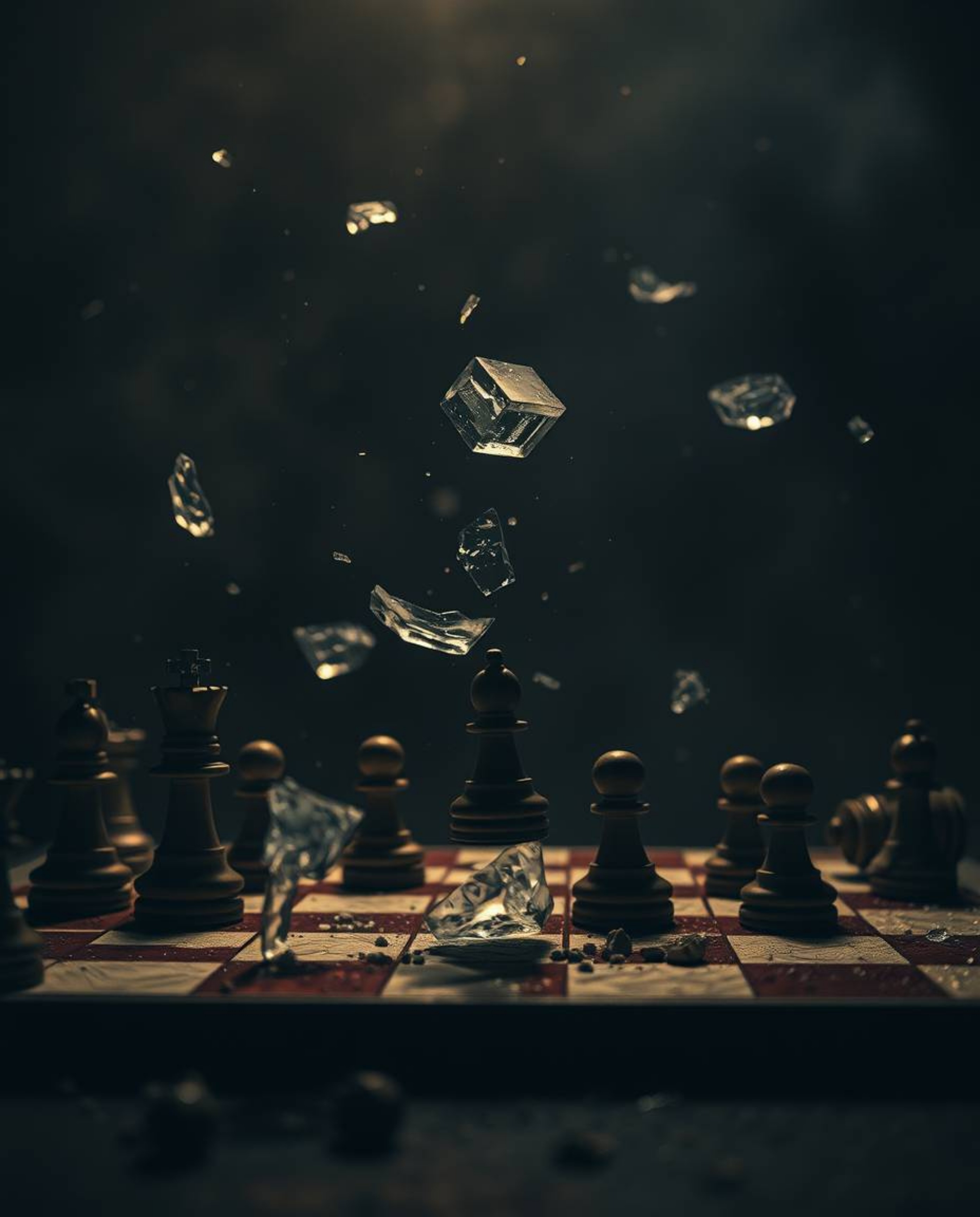 A dramatic and visually striking image showcasing a chessboard with its pieces frozen mid-air in a state of destruction. The 