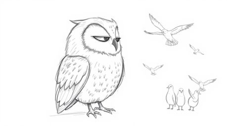 A heartwarming hand-drawn sketch in Pixar style depicts a blind owl with exquisitely detailed, soft feathers, its head attent