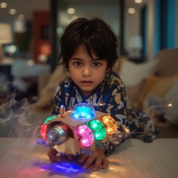 Exquisite high-fashion photography captures a curious boy with bright eyes and smooth brown skin, building an intricately des