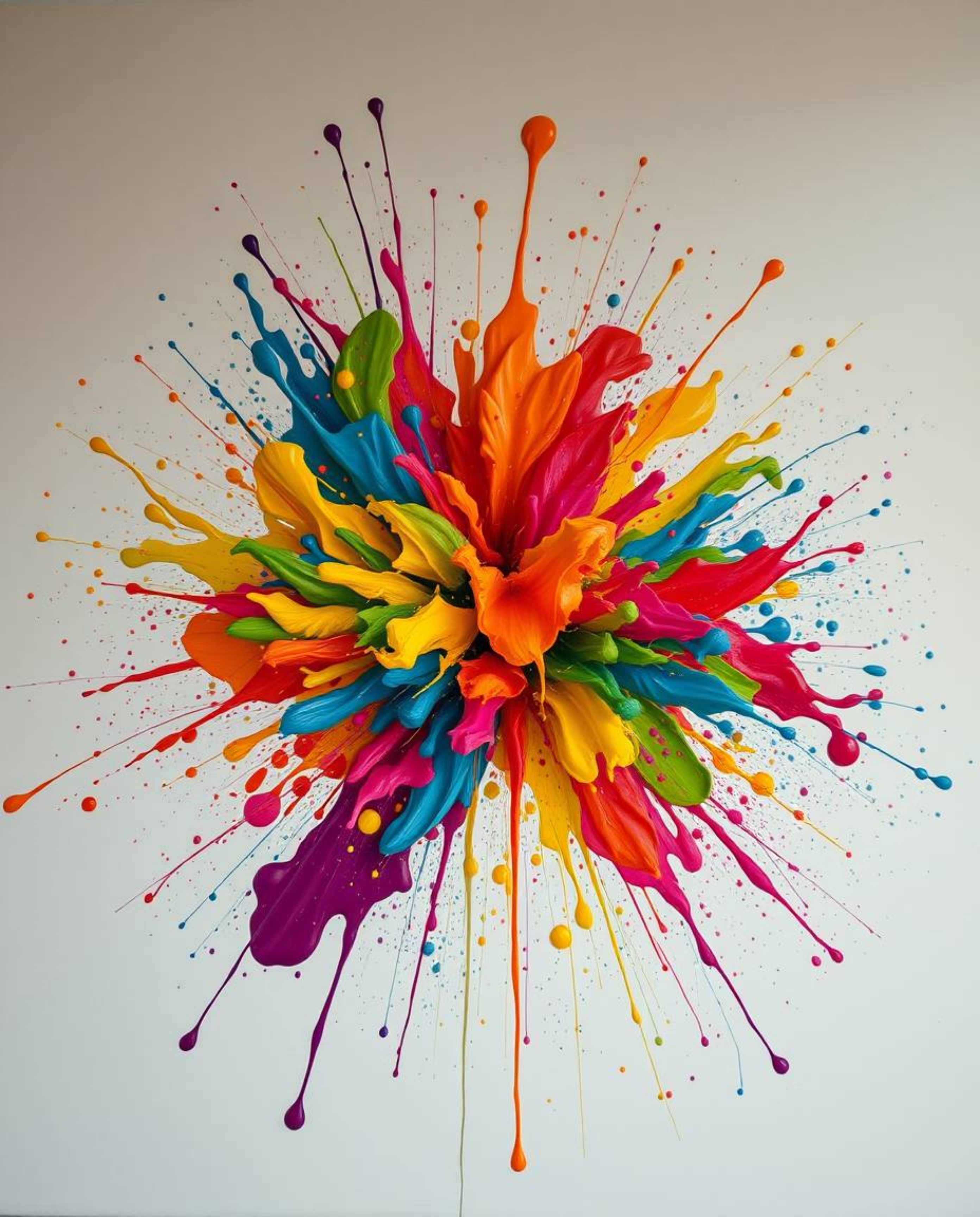 A professional photograph captures a vibrant explosion of colorful paint splashes on a pristine white canvas. The image, rich