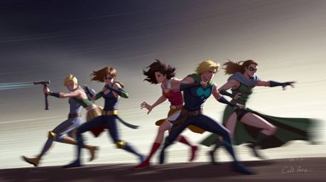 A captivating digital painting showcases a team of misfit heroes in dynamic action poses.  Blurred lines and smooth gradient 