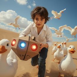 Exquisite high fashion photography captures a young boy with a curious expression, bright hazel eyes, and messy brown hair, i