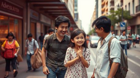 Capture the spontaneous joy of a Pixar-style family reunion in an urban environment through candid street photography.  This 