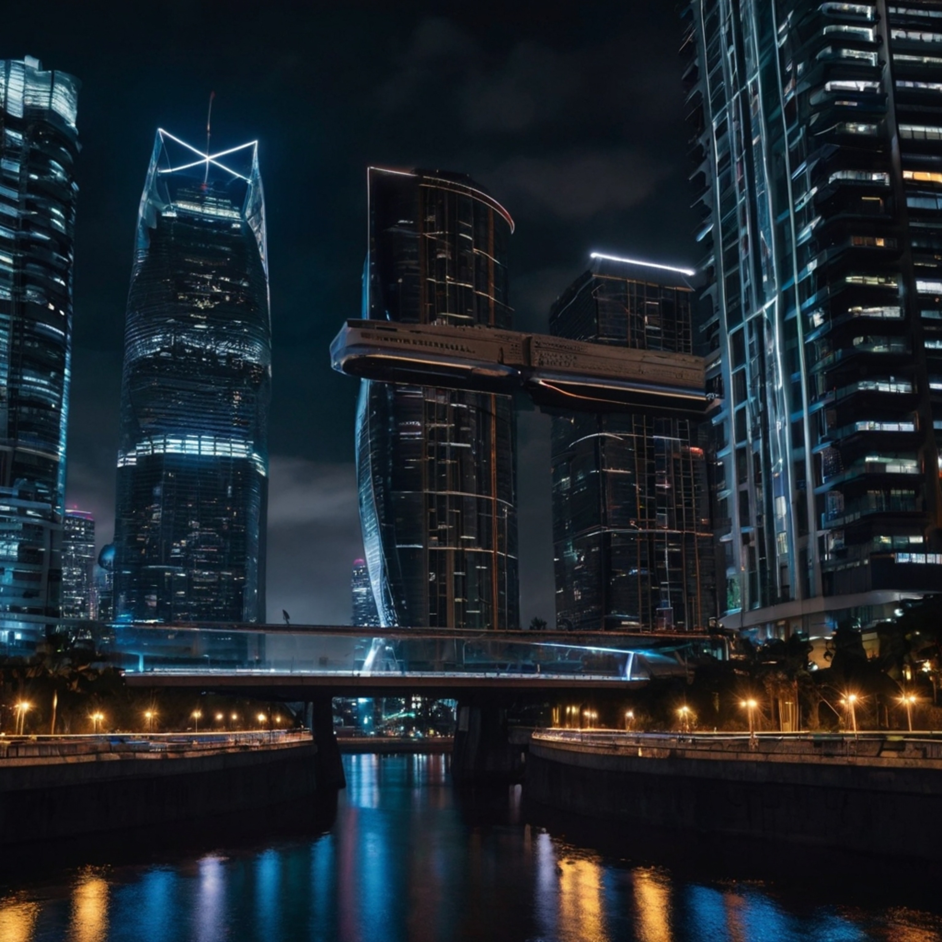 Imagine a breathtaking futuristic bridge, a marvel of engineering connecting two colossal skyscrapers. Below, sleek hovercraf