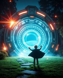 A captivating image depicting a child hero in a futuristic sci-fi setting, bravely discovering a massive, glowing magical por